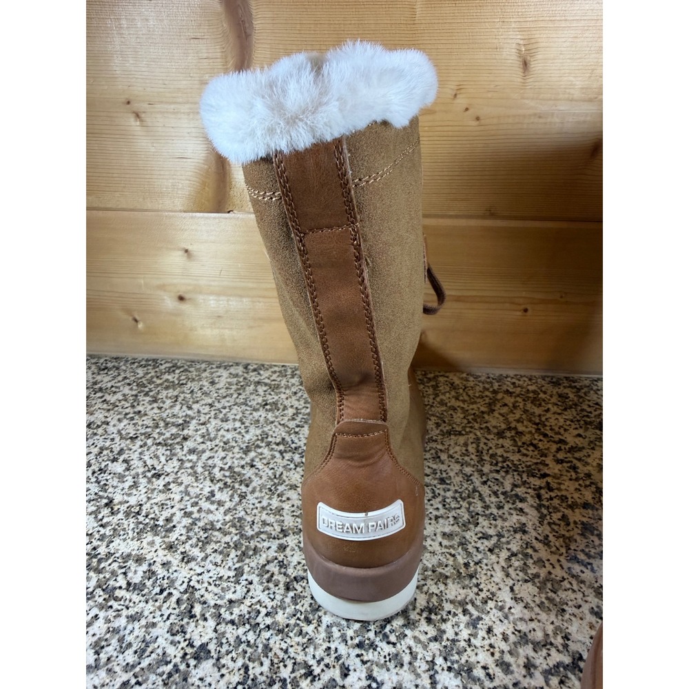Dream Pairs Womens Mid Calf Snow Boots Tan Brown Faux Fur Trim Lace Up Boots - Picture 4 of 13